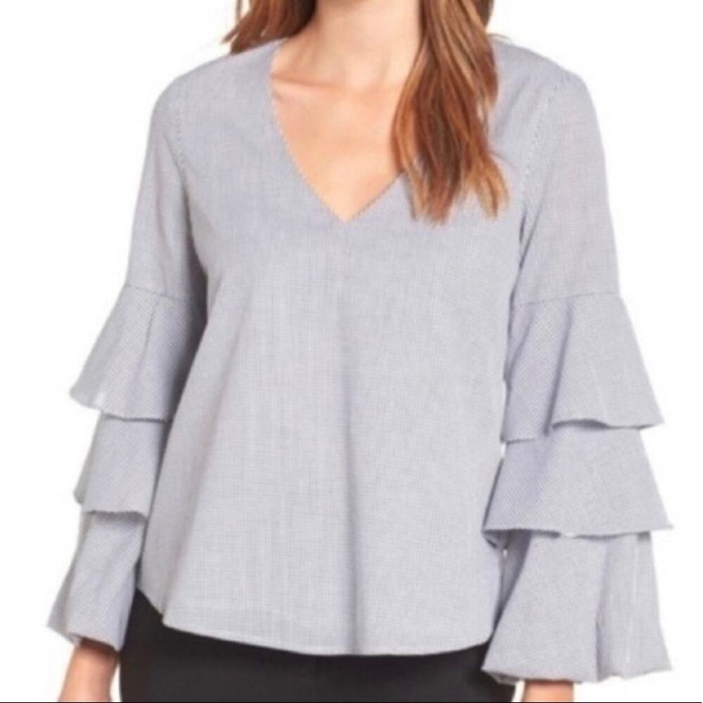 WAYF Blouse Grid Gingham Ruffle Tiered Sleeves Black White Top Large Career NWT